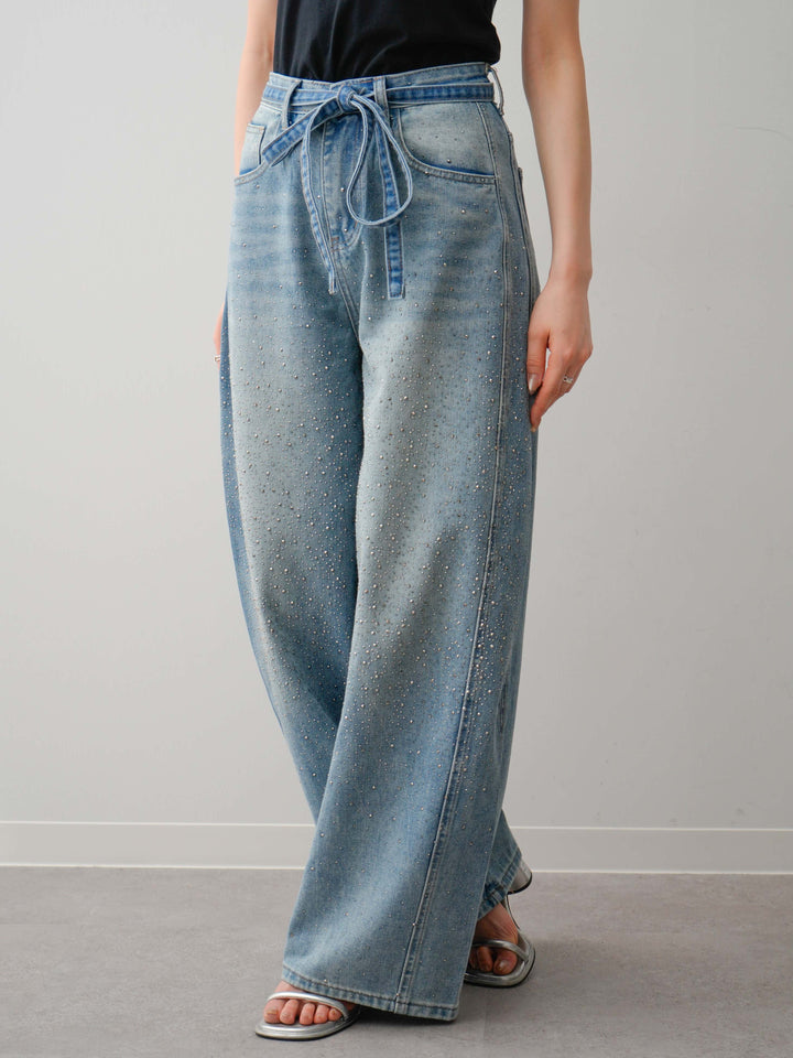 [予約]ウエストベルトフロントビジューカーブワイドパンツ/lightblue