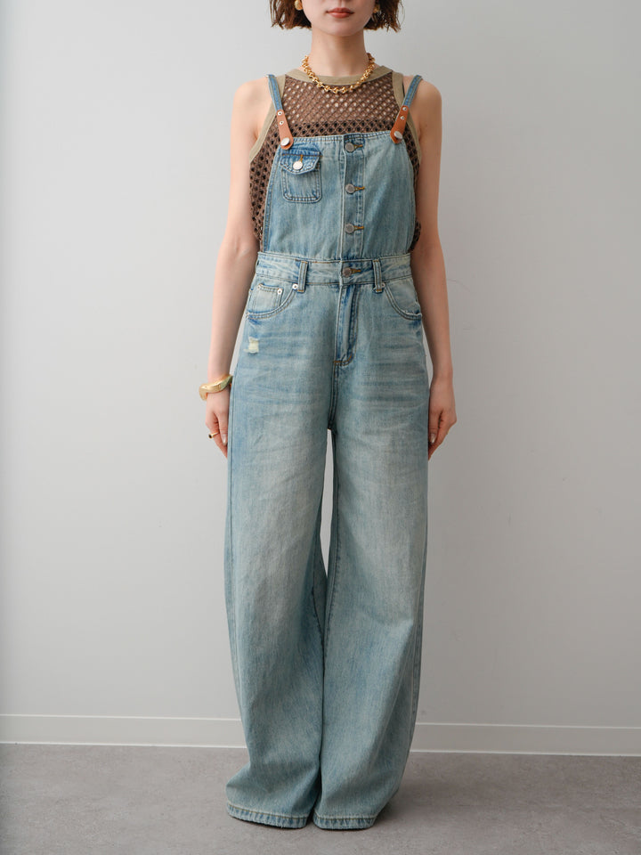 [予約]レザーコンビストラップデニムサロペット/lightblue