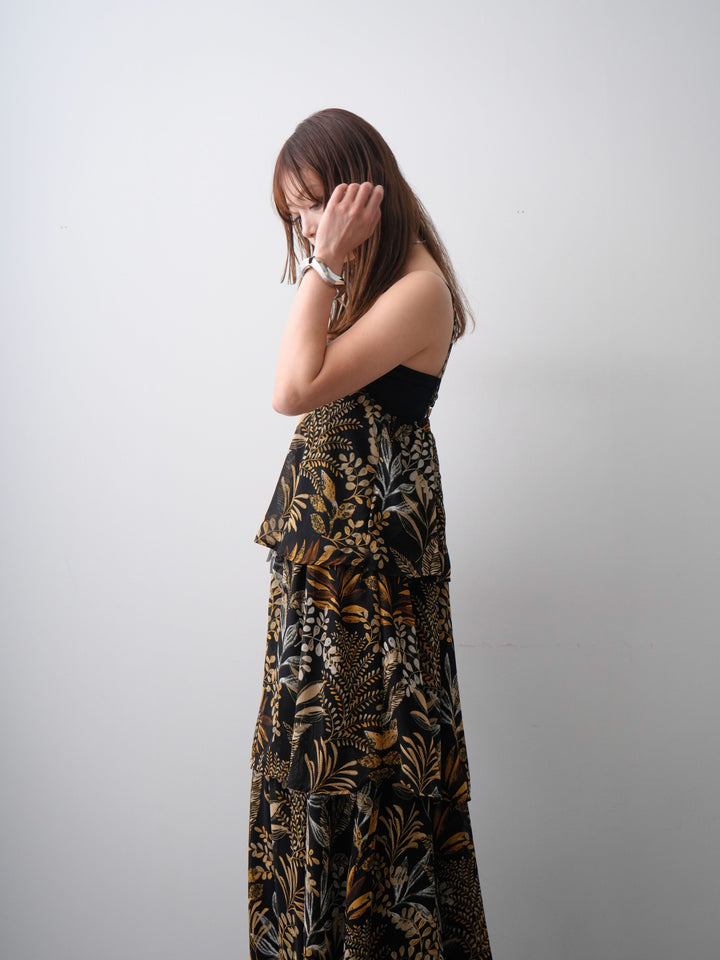 [予約]ベルト付ボタニカルティアードキャミワンピース/brown