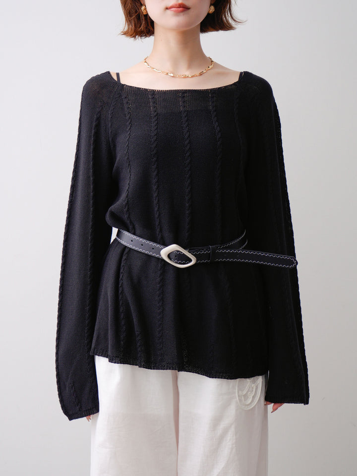 [予約]ベルト付ケーブルデザインニットトップス/black