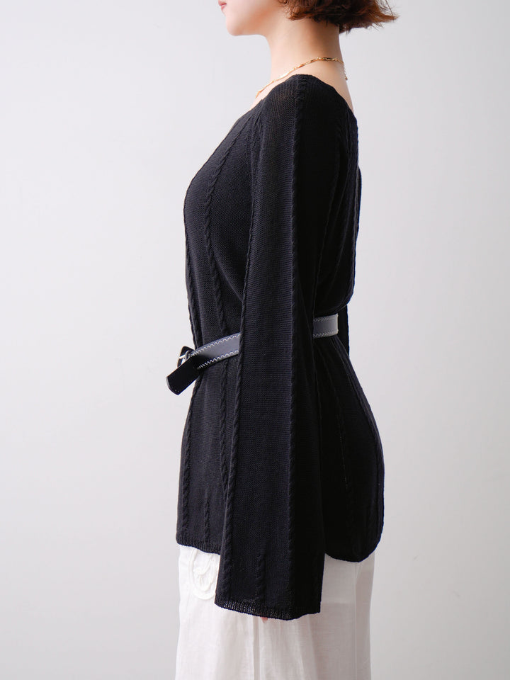 [予約]ベルト付ケーブルデザインニットトップス/black