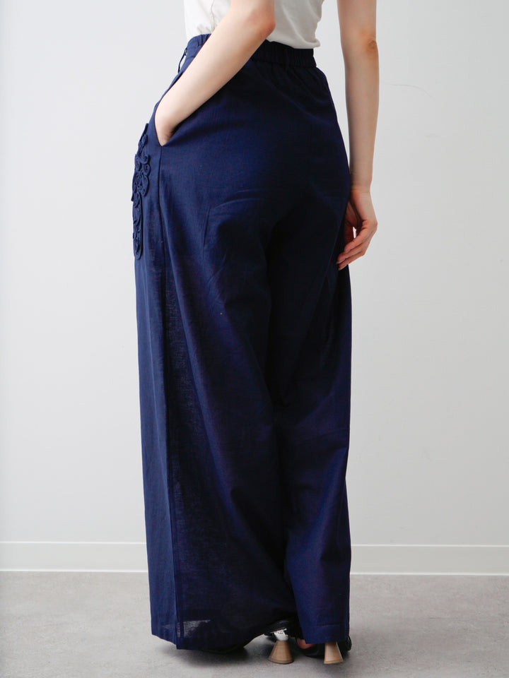 [予約]コード刺繍ワイドパンツ/navy