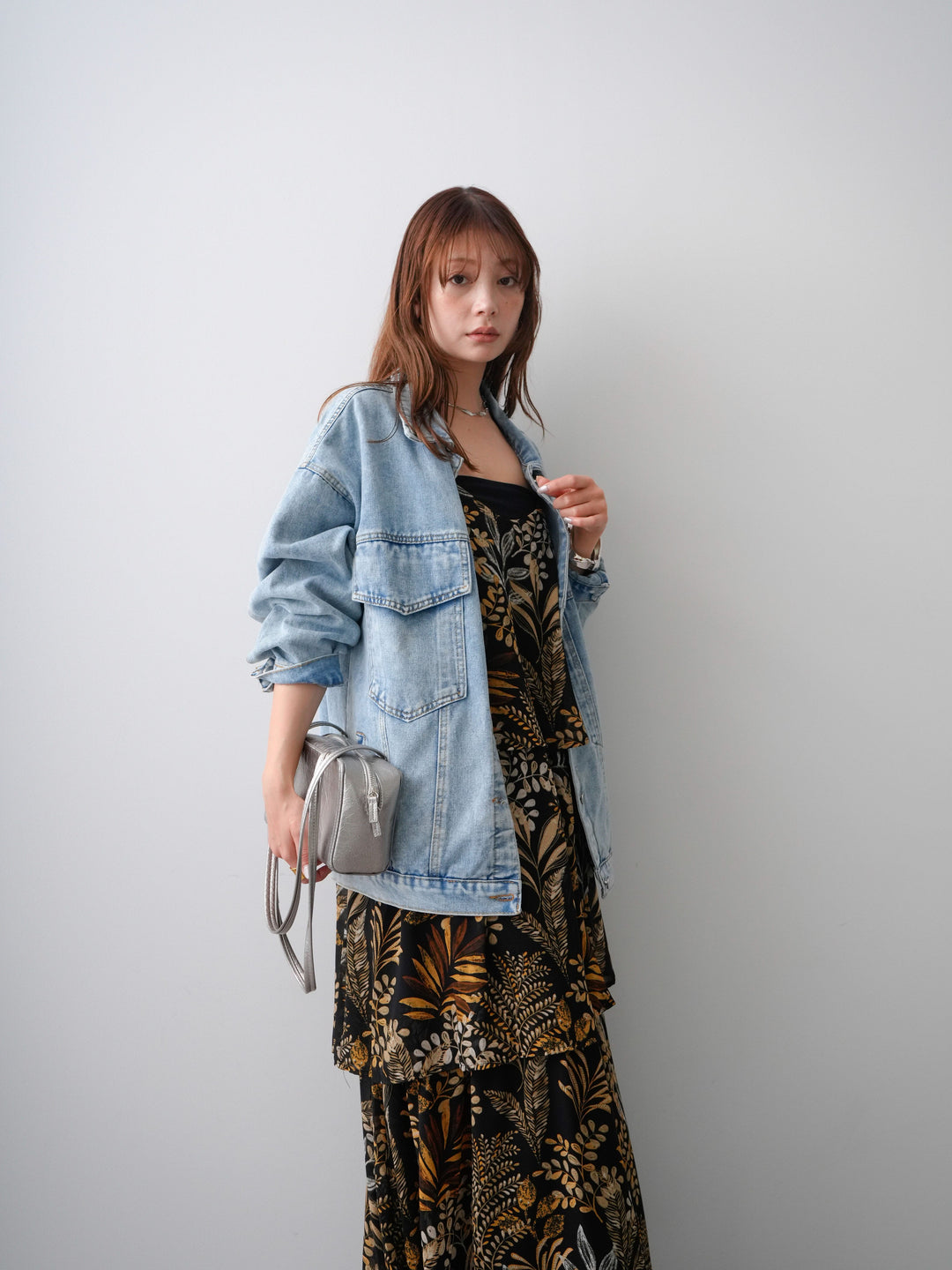 [予約]ベルト付ボタニカルティアードキャミワンピース/brown