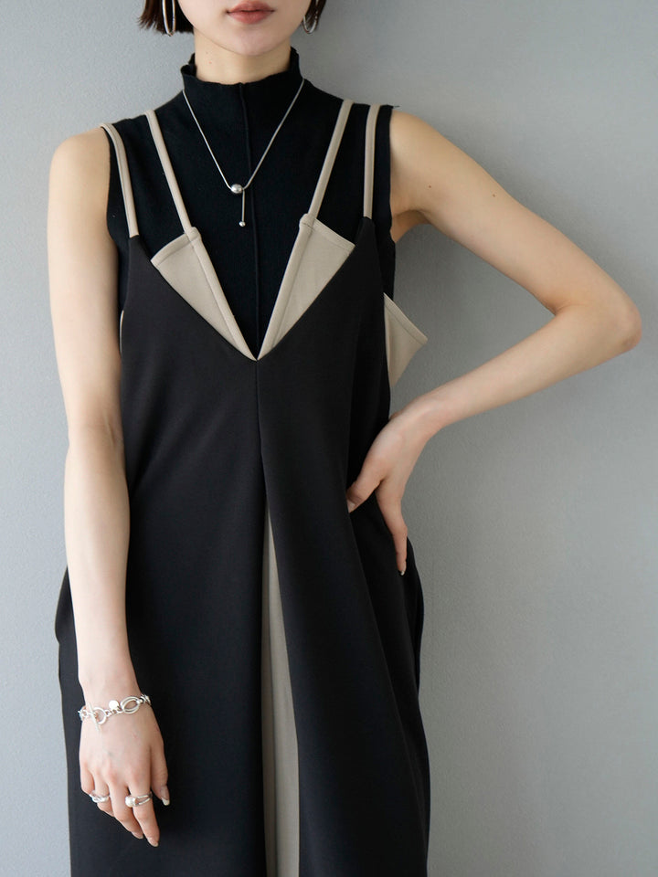 [SET] Bicolor layered design cami dress + selectable necklace set (2 sets)