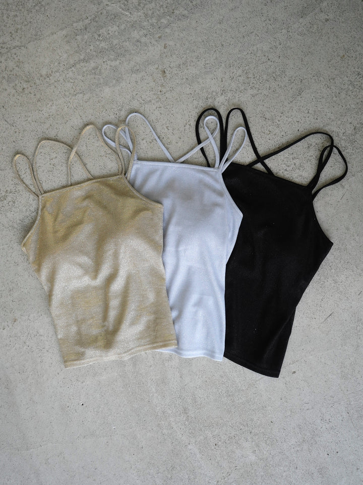 [SET] Bicolor layered design cami dress + double strap lame bra camisole (2set)