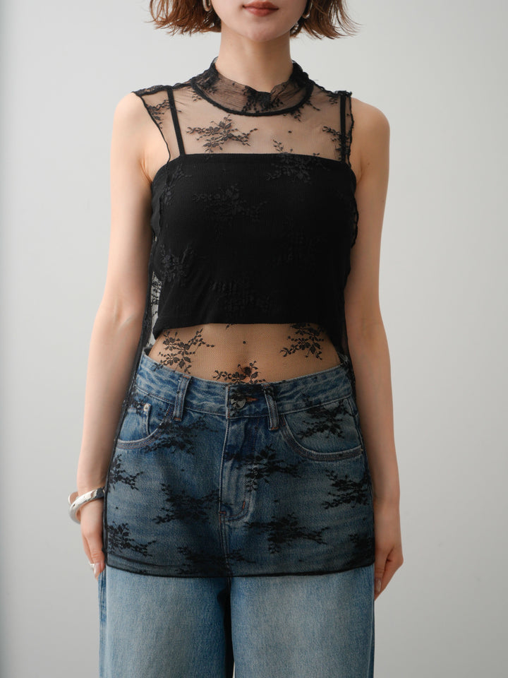 [予約]シースルーストレッチレースノースリトップス/black