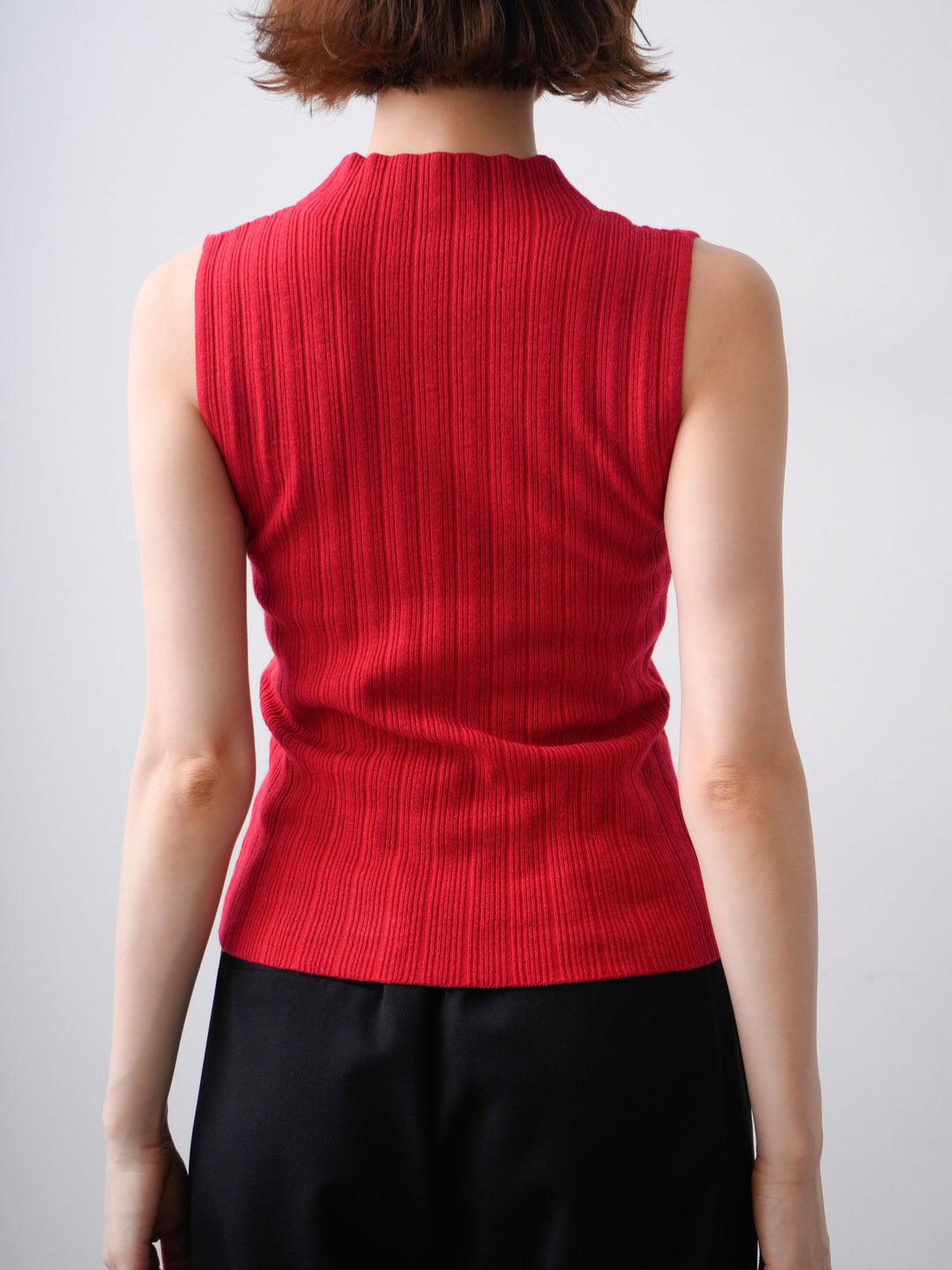 [予約]ランダムリブハイネックノースリニットトップス/red