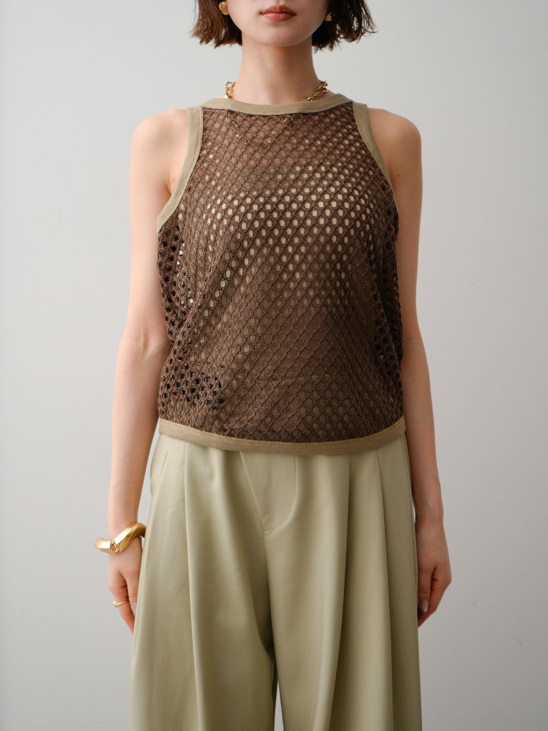 [予約]リブトリムメッシュアメスリトップス/brown