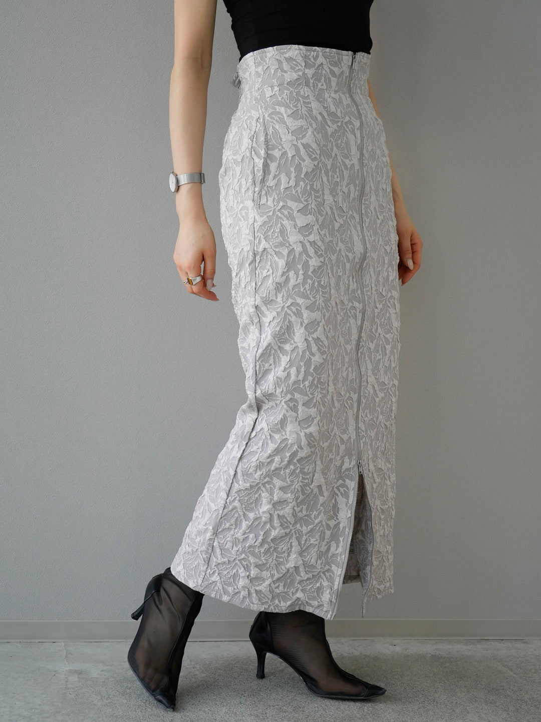 [Pre-order] Double-zip puffy jacquard skirt/gray
