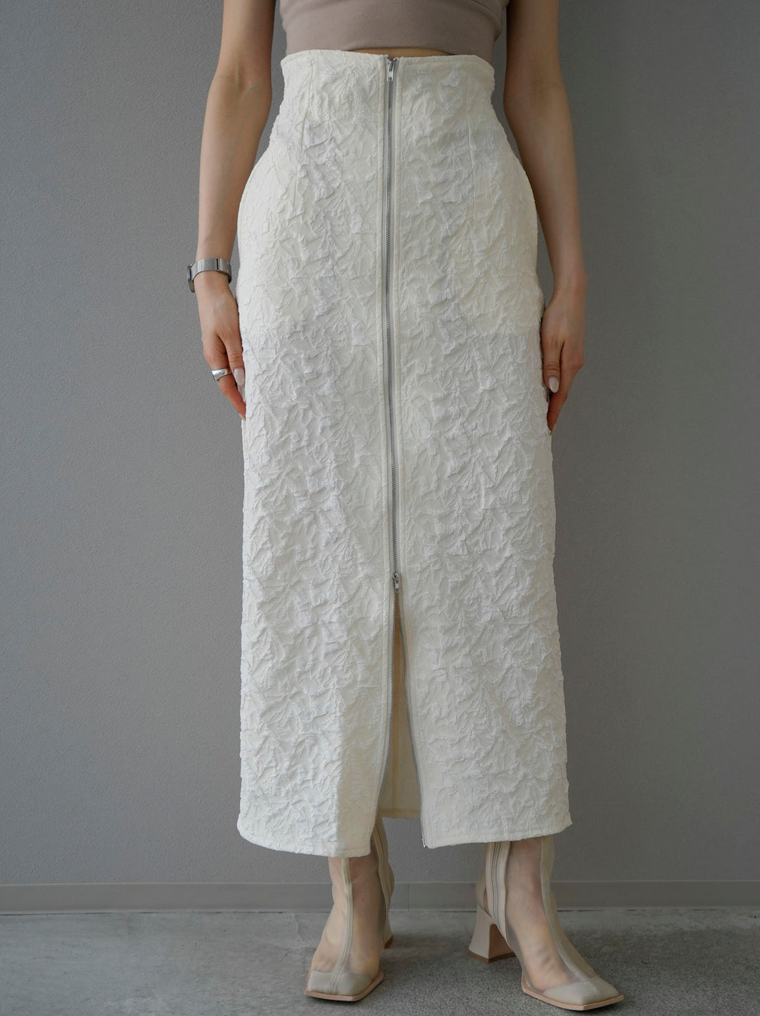 [Pre-order] Double-zip puffy jacquard skirt/ivory
