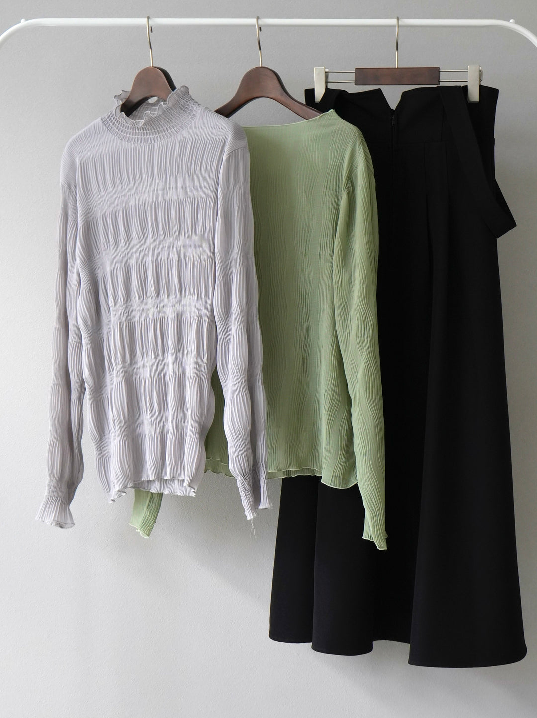 [Mix and match set] [SET] Shirring chiffon blouse + willow wave sheer top + 2WAY flare jumper skirt (3 sets)