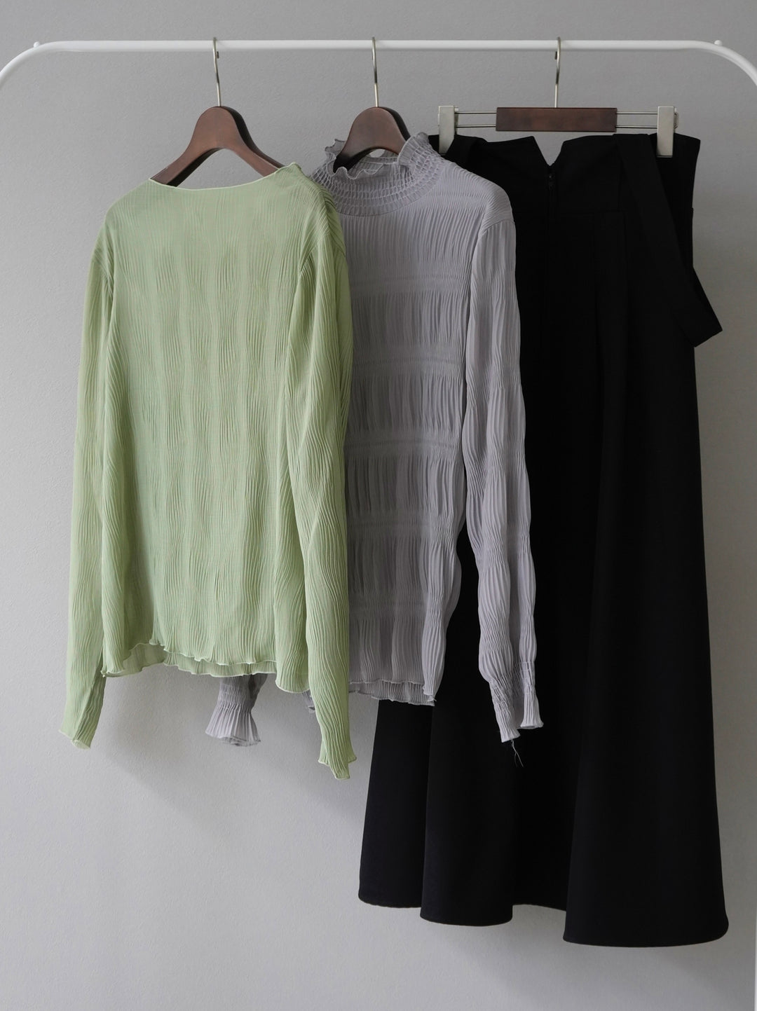[Mix and match set] [SET] Shirring chiffon blouse + willow wave sheer top + 2WAY flare jumper skirt (3 sets)