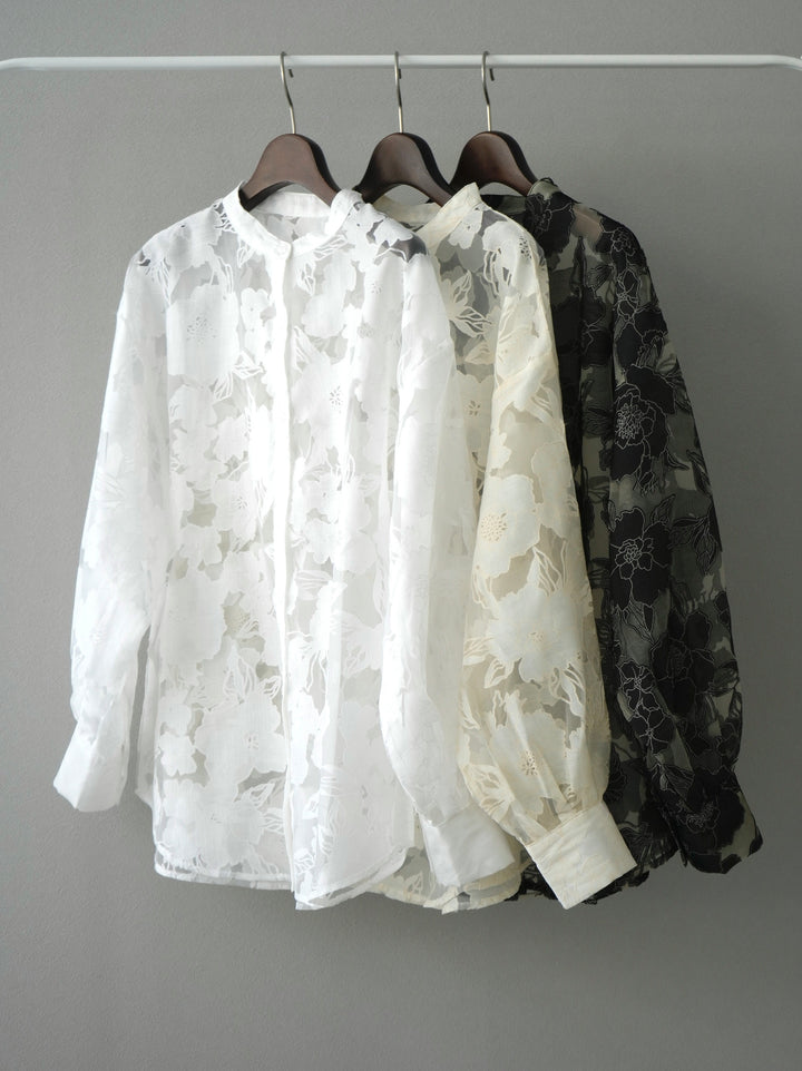 【套裝】可水洗針織一體+縫花提花薄紗襯衫（2套）