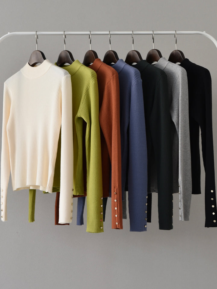 [SET] Sleeve button bottle neck ribbed knit top + sleeve button bottle neck ribbed knit top (2 sets)