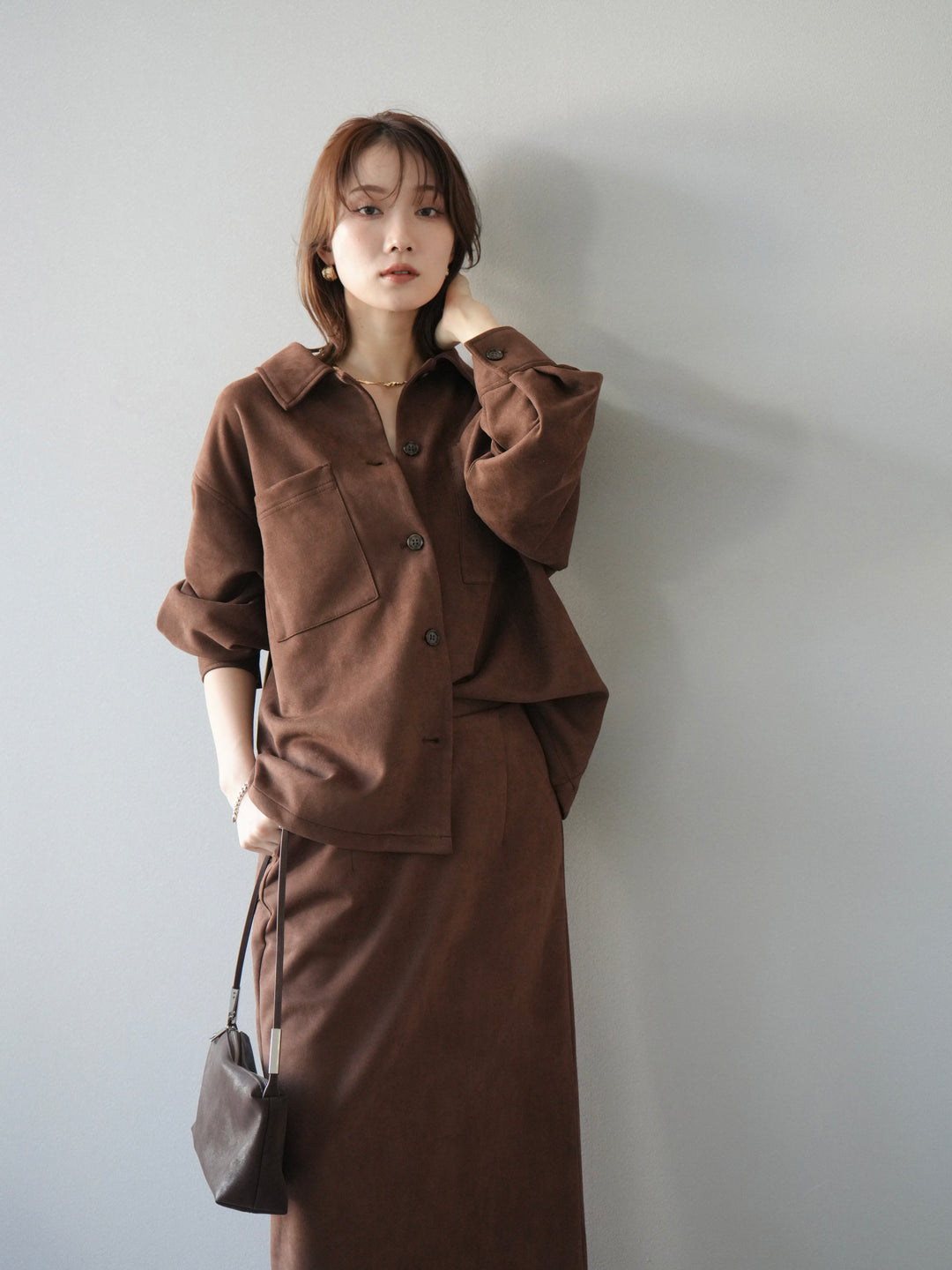 [SET]スエードシャツジャケット+スエードタイトスカート(2set)