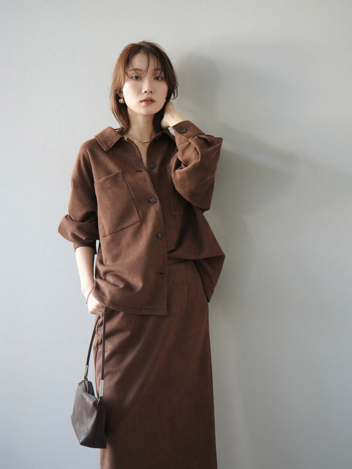 [SET]スエードシャツジャケット+スエードタイトスカート(2set)