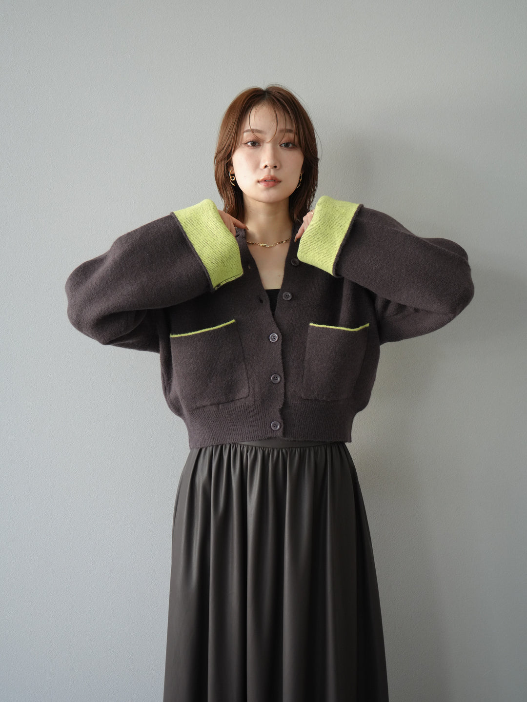 [予約]バイカラーオーバーニットカーディガン/ブラウン