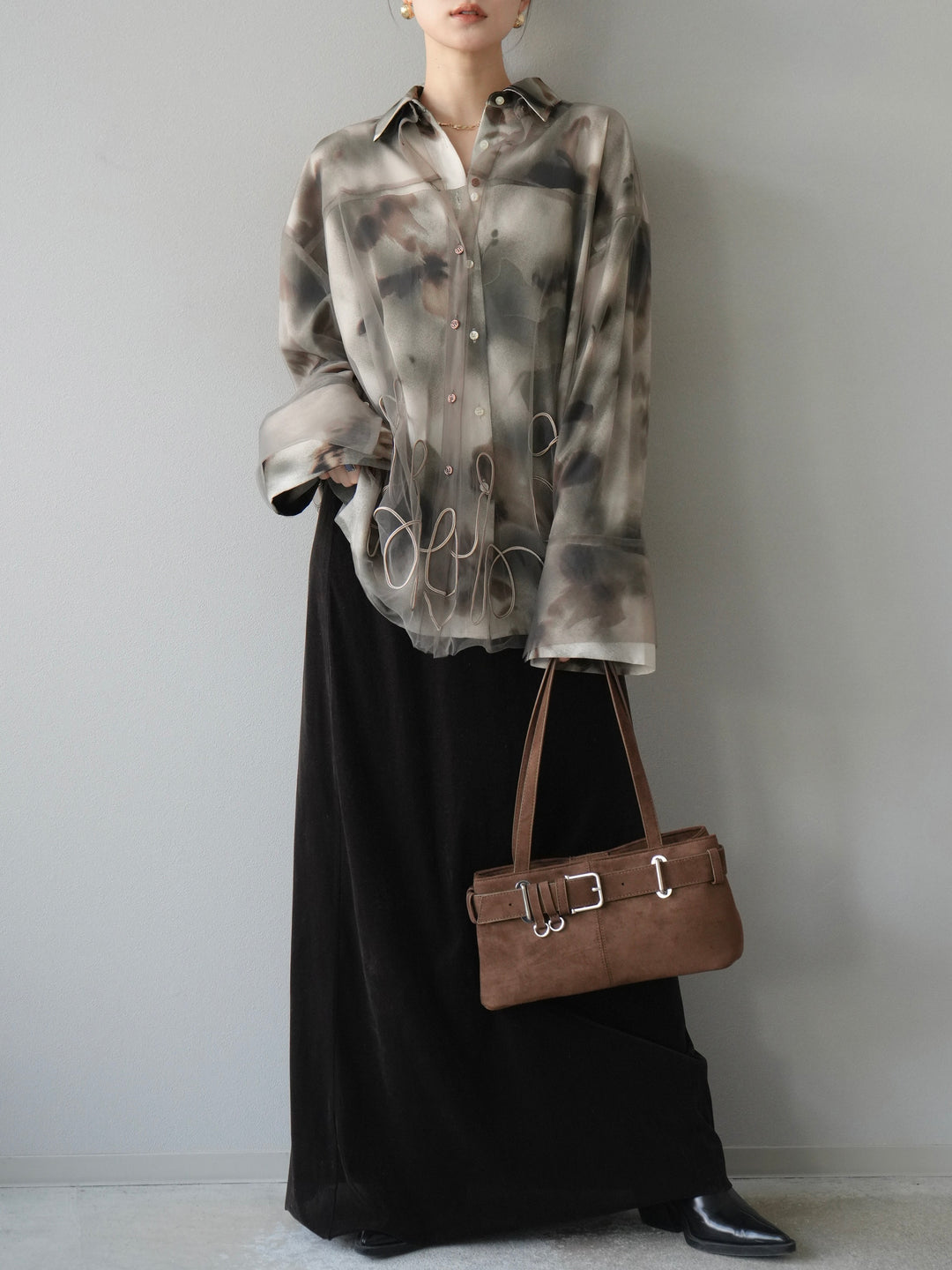 [SET]コード刺繍チュールシャツ＆ニュアンス柄シャツアンサンブル+ベロアナロースカート(2set)