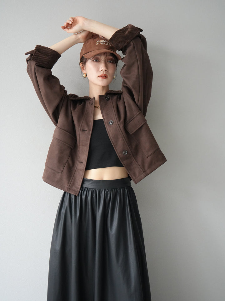 [予約]コーデュロイ切替スウェードショートジャケット/ブラウン