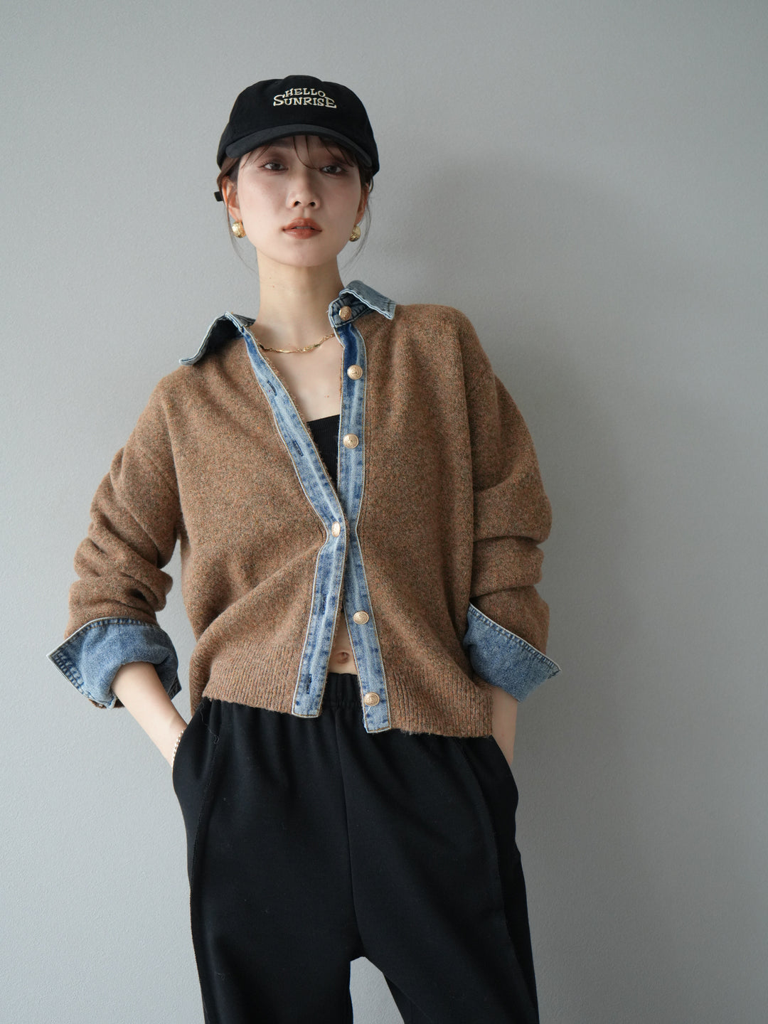 [SET]デニム襟ボタンニットカーディガン+デニム襟ボタンニットカーディガン(2set)