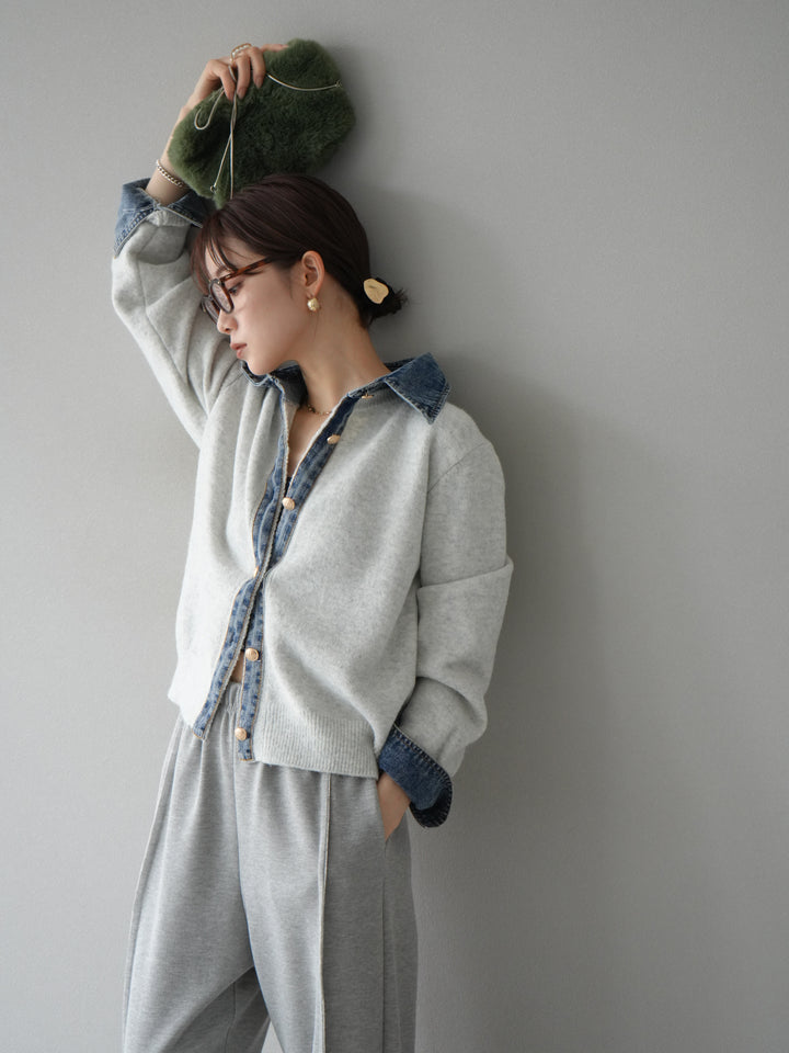 [SET]デニム襟ボタンニットカーディガン+デニム襟ボタンニットカーディガン(2set)