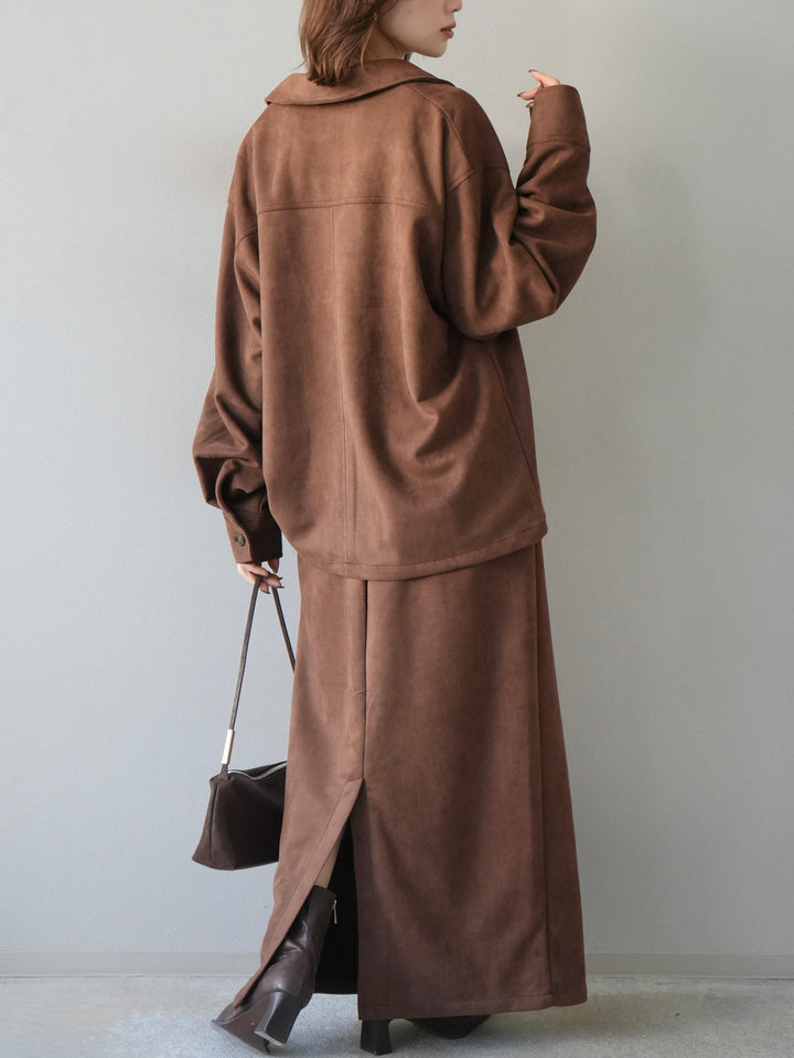 [SET]スエードシャツジャケット+スエードタイトスカート(2set)