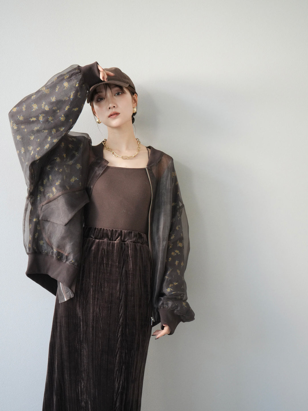 [予約]フラワーチュールドッキングブルゾン/ブラウン