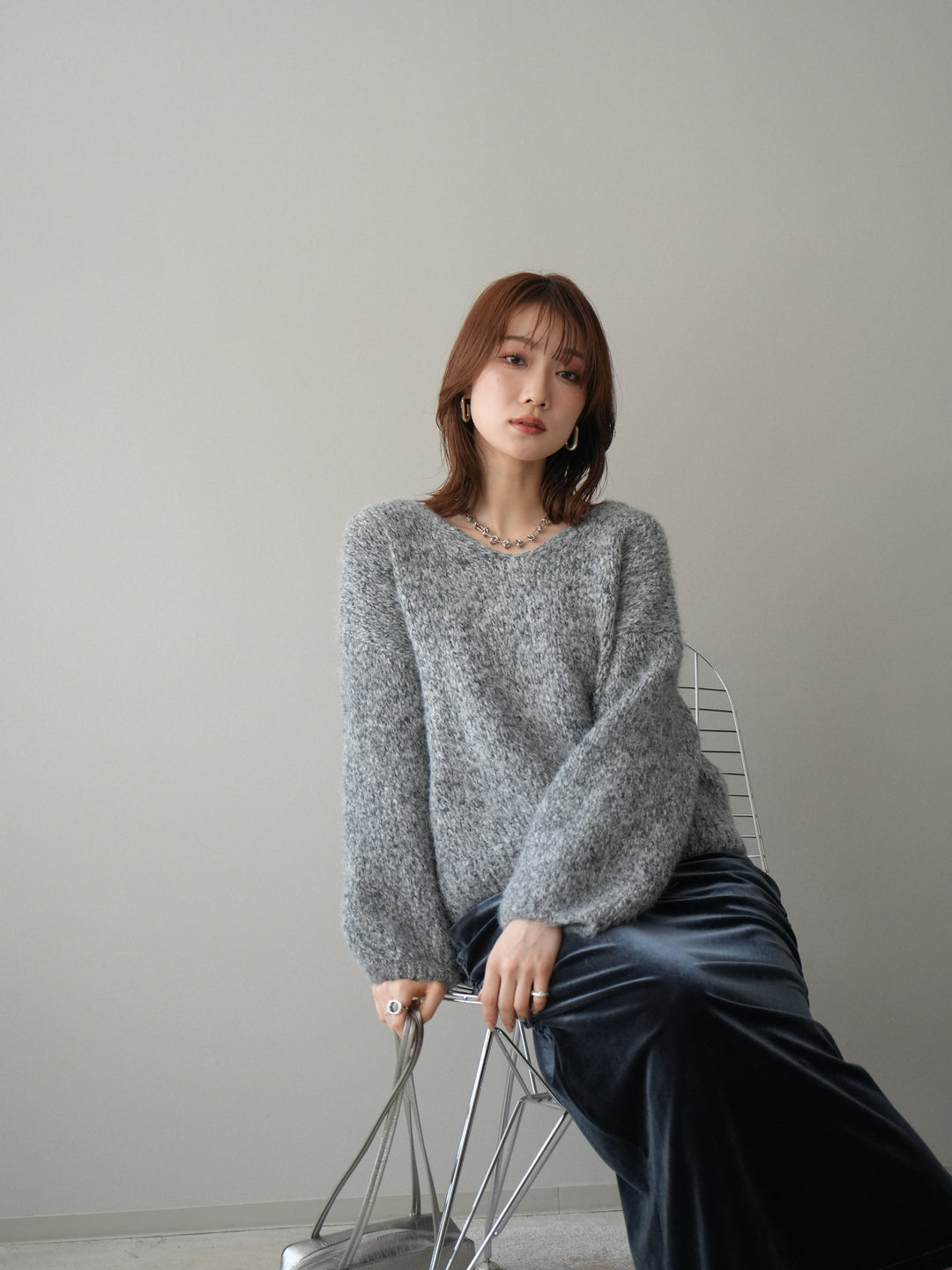 [予約]Vネックミックスヤーンニットプルオーバー/gray