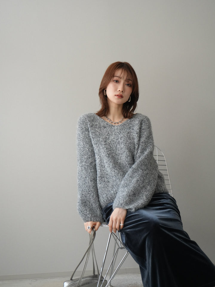 [予約]Vネックミックスヤーンニットプルオーバー/gray
