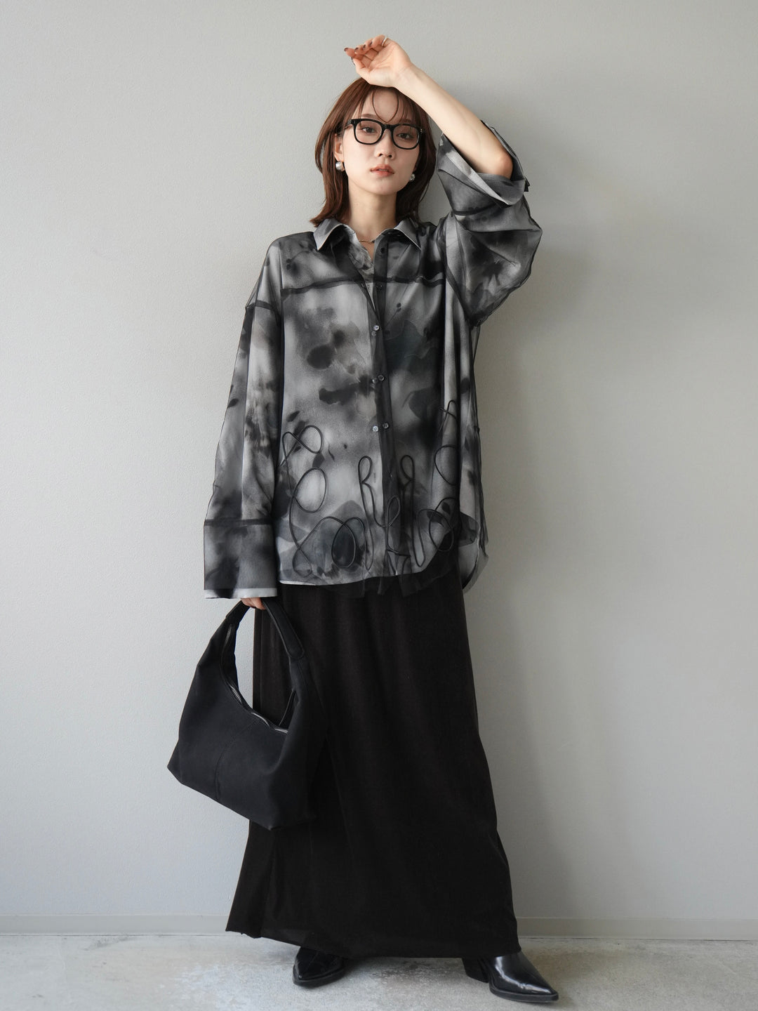 [SET]コード刺繍チュールシャツ＆ニュアンス柄シャツアンサンブル+ベロアナロースカート(2set)