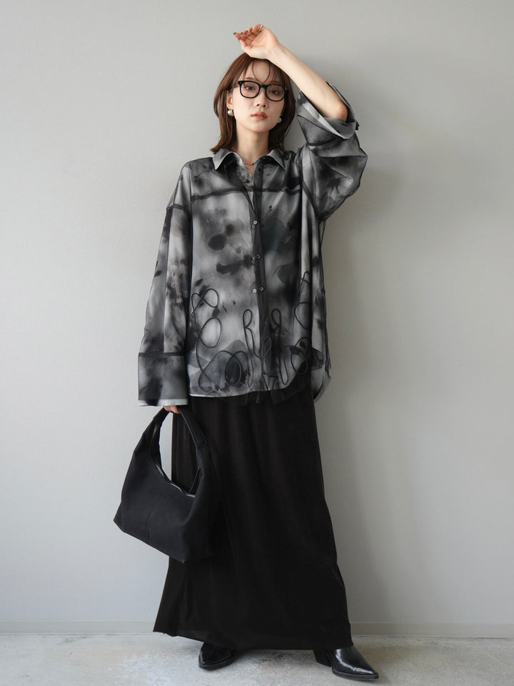 [SET]コード刺繍チュールシャツ＆ニュアンス柄シャツアンサンブル+ベロアナロースカート(2set)