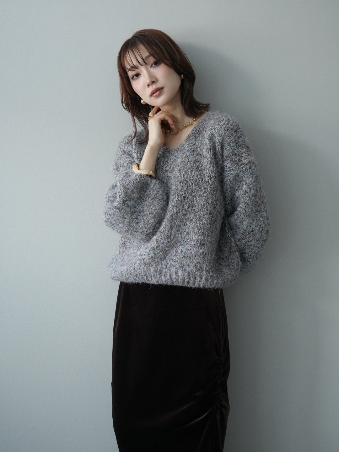 [予約]Vネックミックスヤーンニットプルオーバー/blue