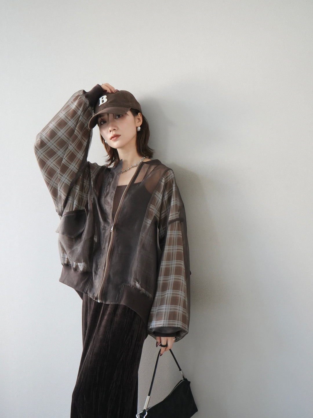 [預購] 格紋薄紗對接外套/棕色