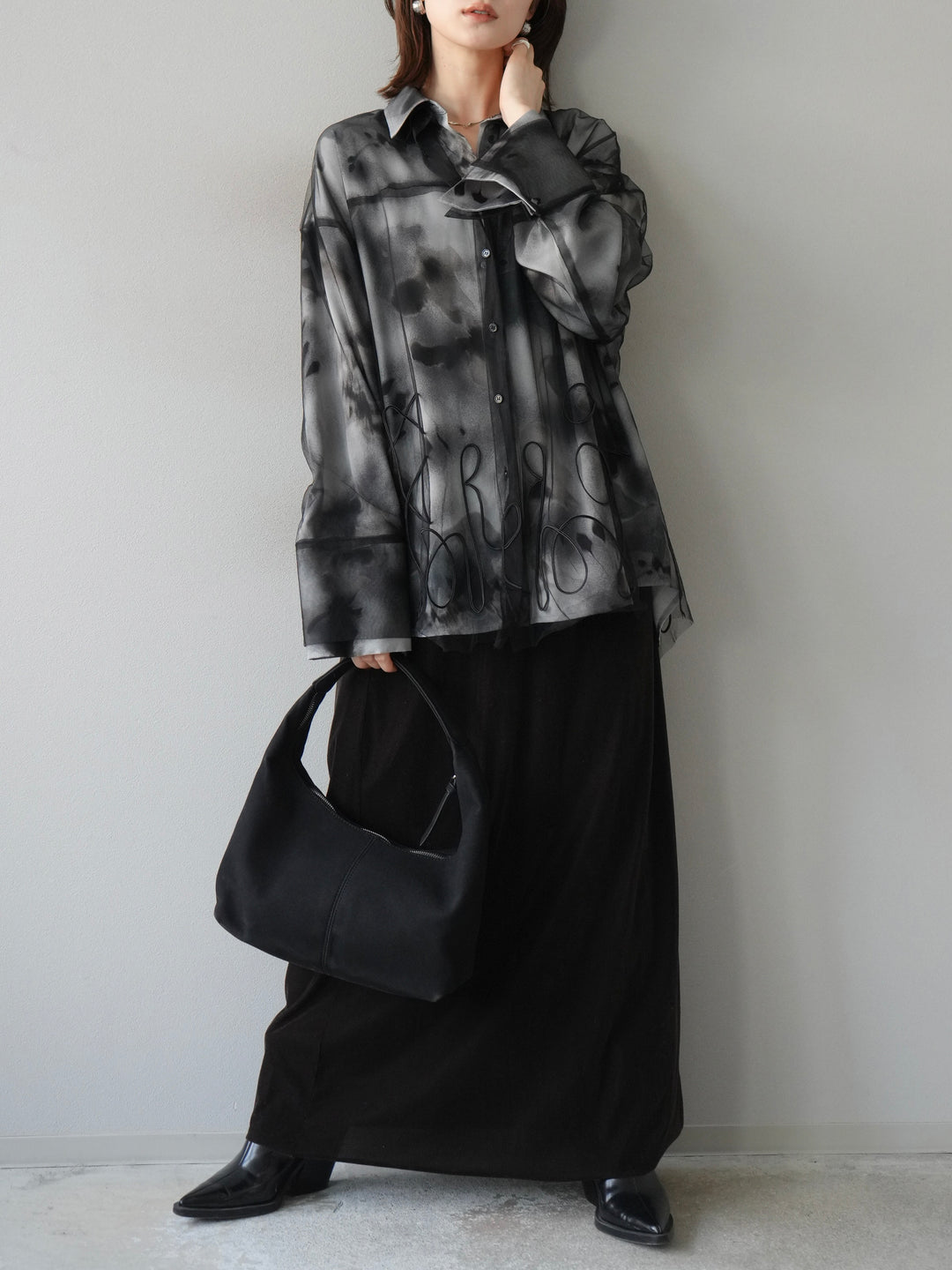 [SET]コード刺繍チュールシャツ＆ニュアンス柄シャツアンサンブル+ベロアナロースカート(2set)