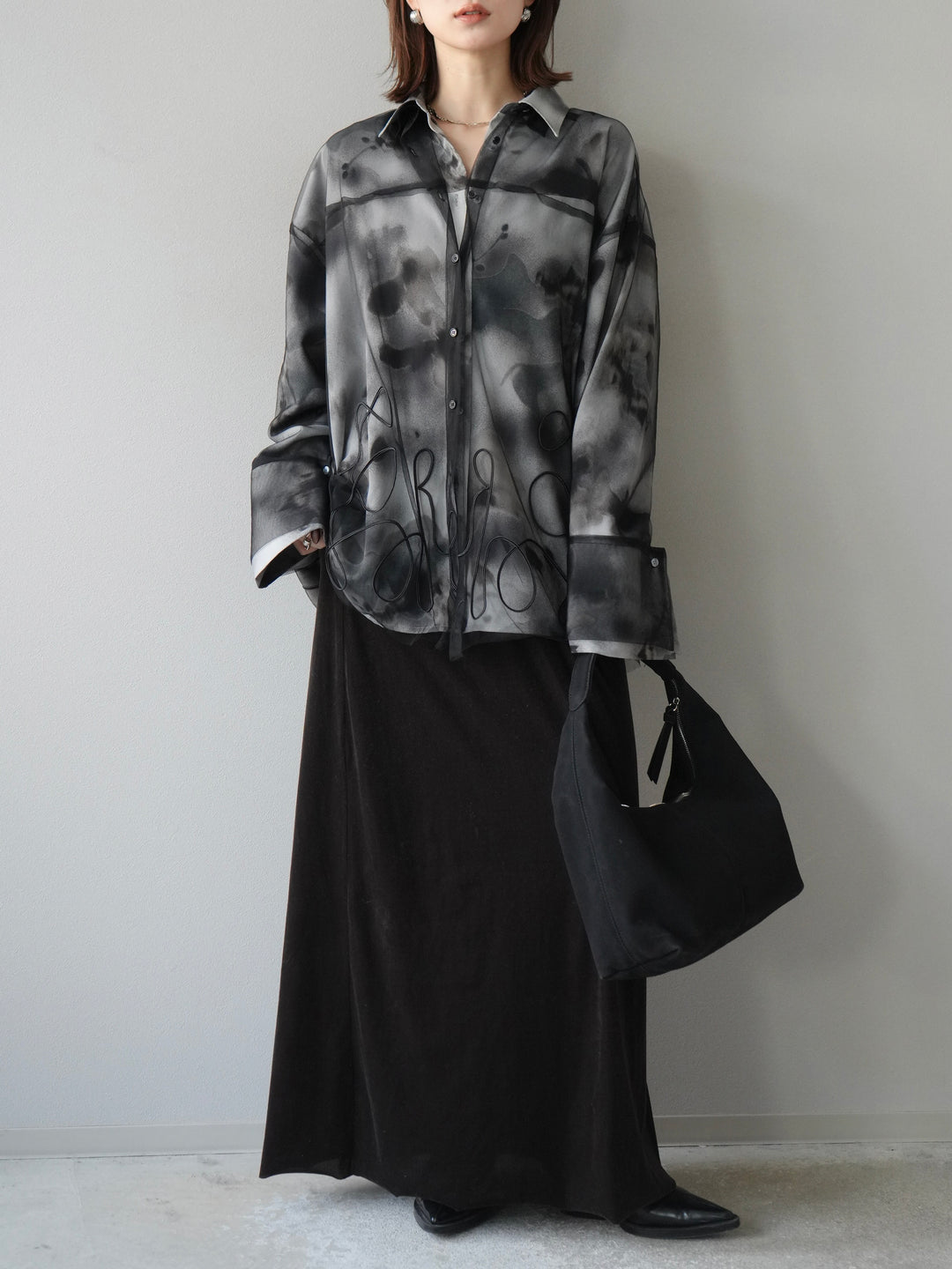 [SET]コード刺繍チュールシャツ＆ニュアンス柄シャツアンサンブル+ベロアナロースカート(2set)