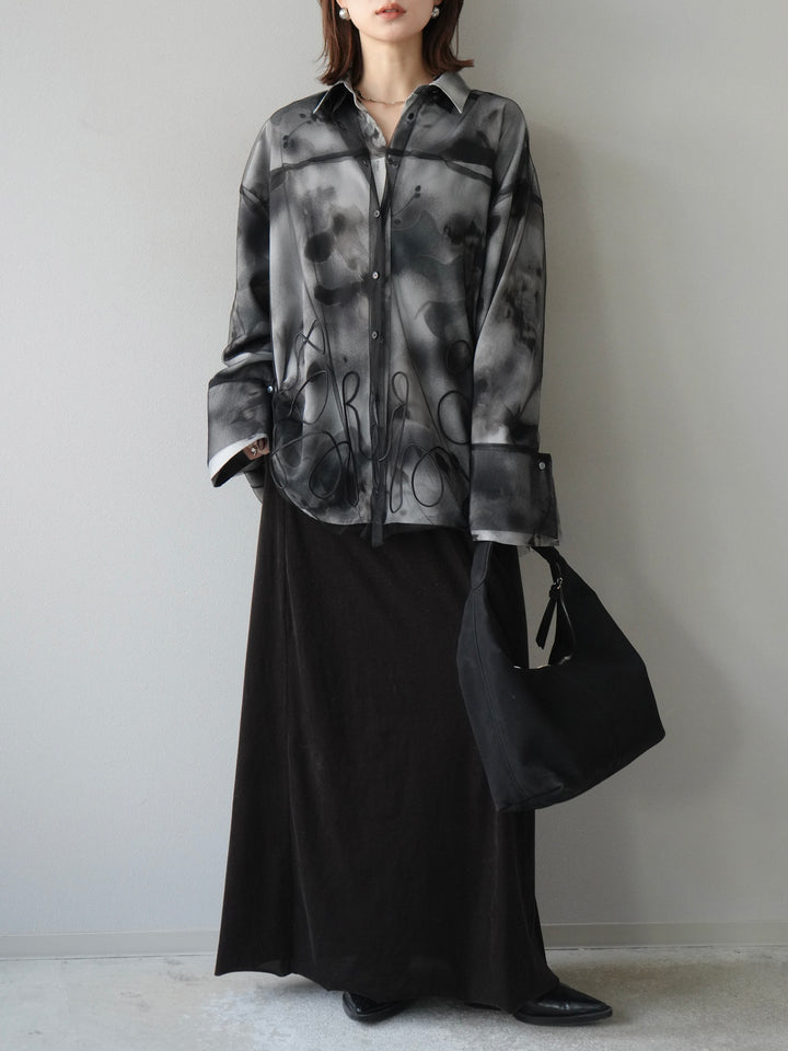 [SET]コード刺繍チュールシャツ＆ニュアンス柄シャツアンサンブル+ベロアナロースカート(2set)
