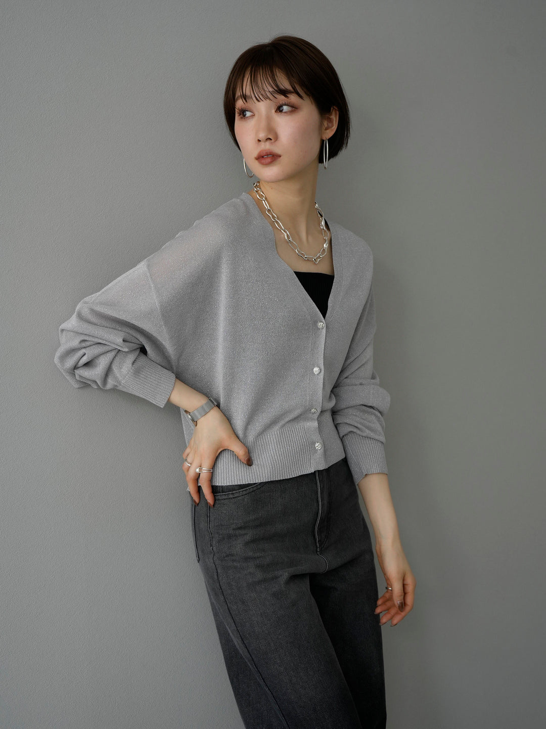 [Pre-order] Lame sheer knit cardigan/gray