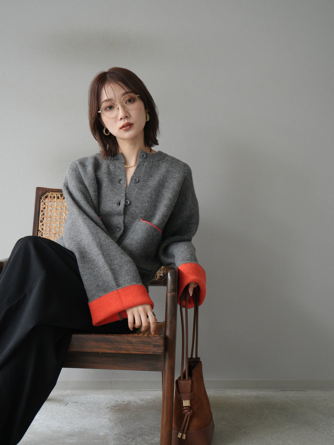 [予約]バイカラーオーバーニットカーディガン/チャコール