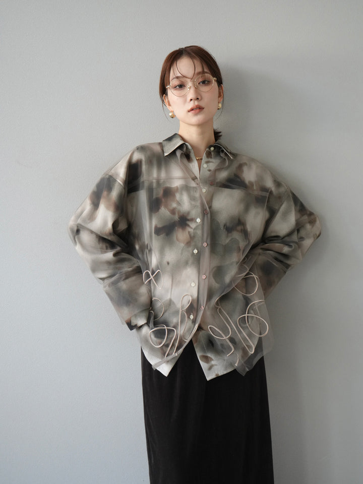 [SET]コード刺繍チュールシャツ＆ニュアンス柄シャツアンサンブル+ベロアナロースカート(2set)