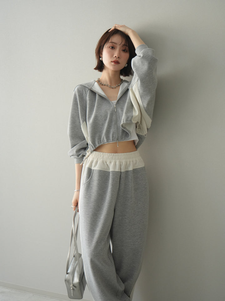 [SET]バイカラー異素材ライトポンチクロップドZIPフーディー+バイカラー異素材サイドラインライトポンチパンツ(2set)