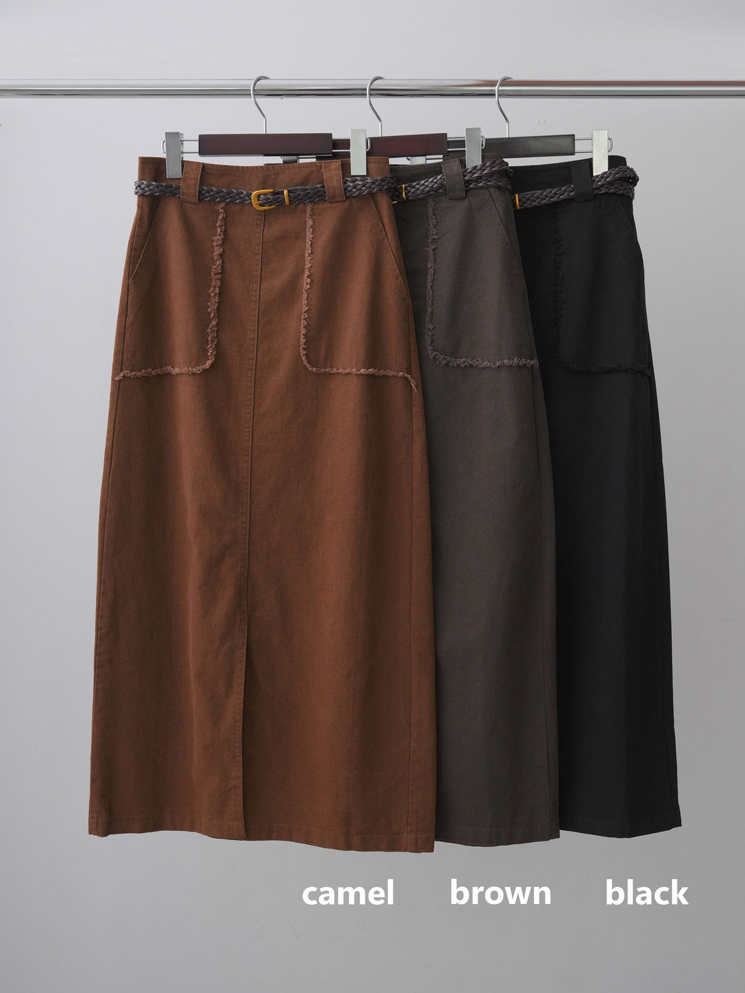 【套裝】雙色羅紋針織上衣+皮帶流蘇口袋I字裙（兩件套裝）