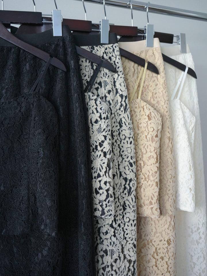 [SET]ドレープリブニットガウン+フルレースキャミ＆IラインスカートSET UP(2set)