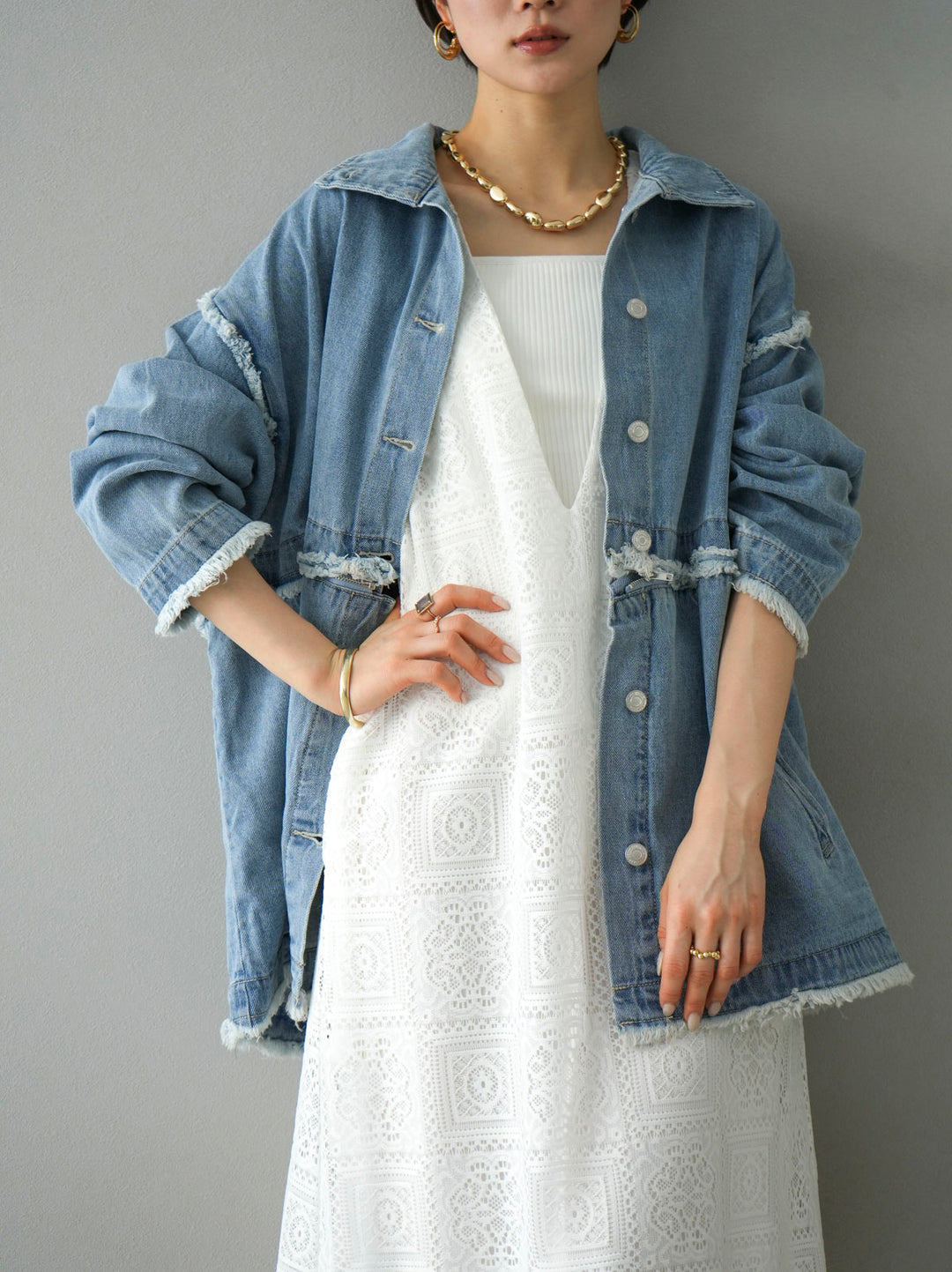 [SET] 2WAY denim stand-up collar jacket + selectable necklace set (2 sets)