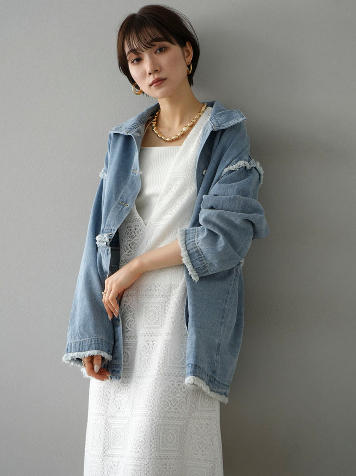 [SET] 2WAY denim stand-up collar jacket + selectable necklace set (2 sets)