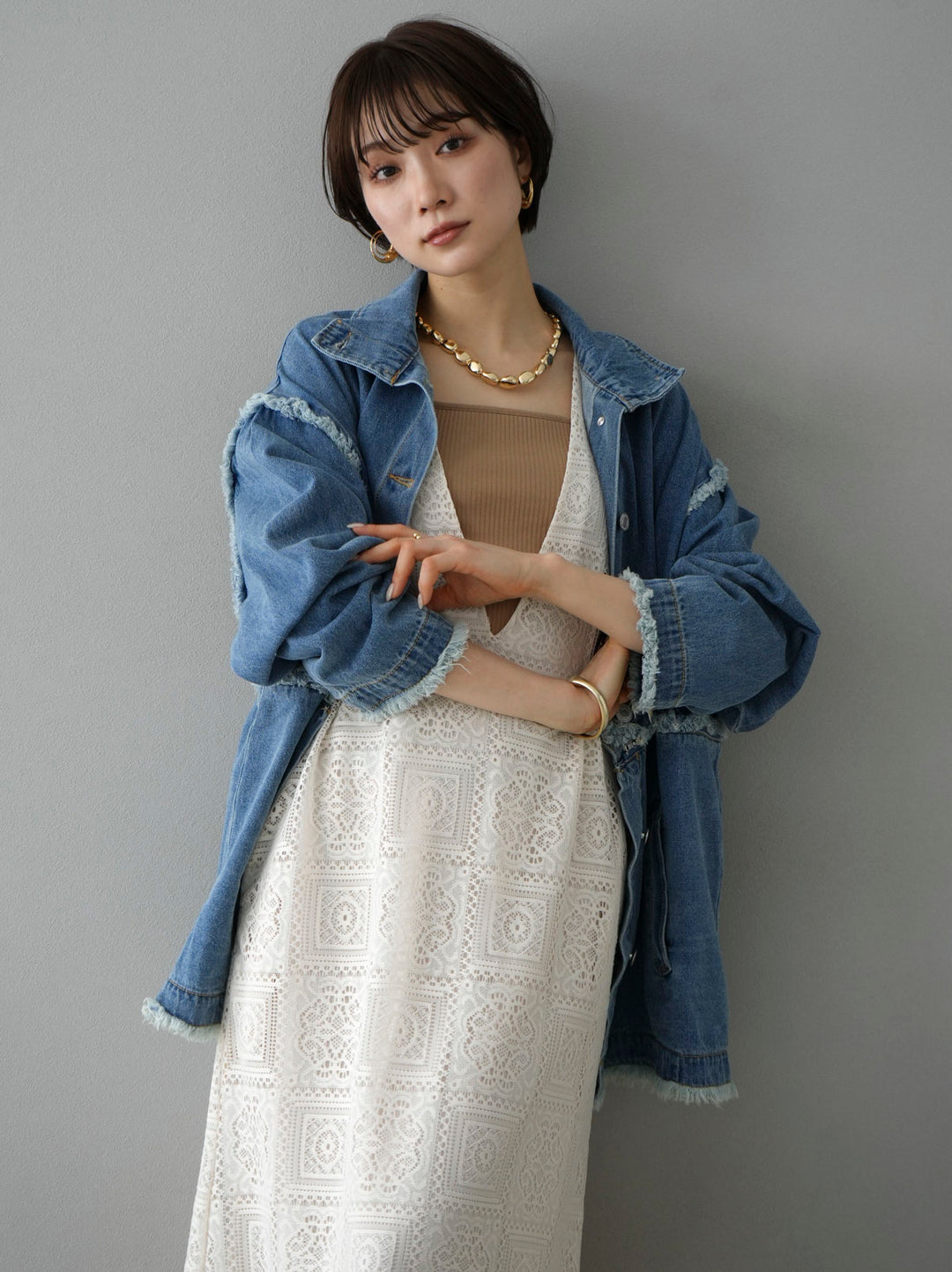 [SET] 2WAY denim stand-up collar jacket + selectable necklace set (2 sets)