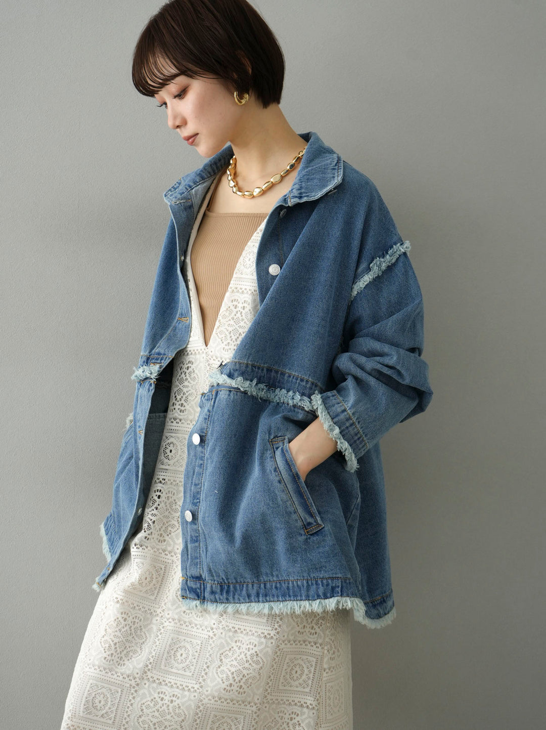 [SET] 2WAY denim stand-up collar jacket + selectable necklace set (2 sets)