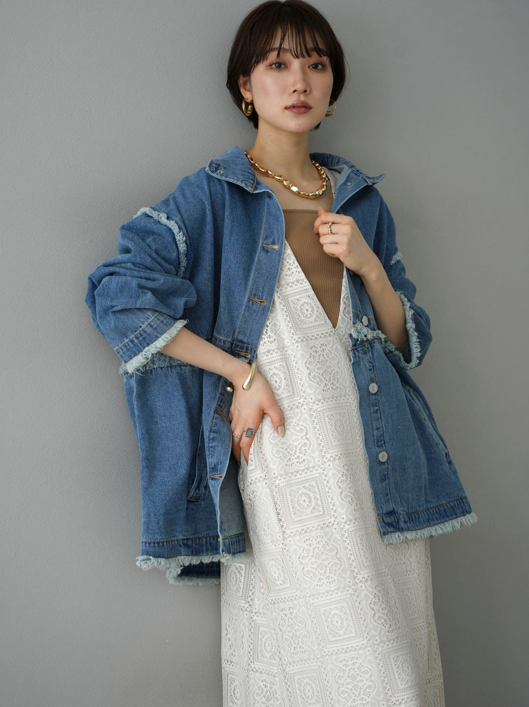 [SET] 2WAY denim stand-up collar jacket + selectable necklace set (2 sets)