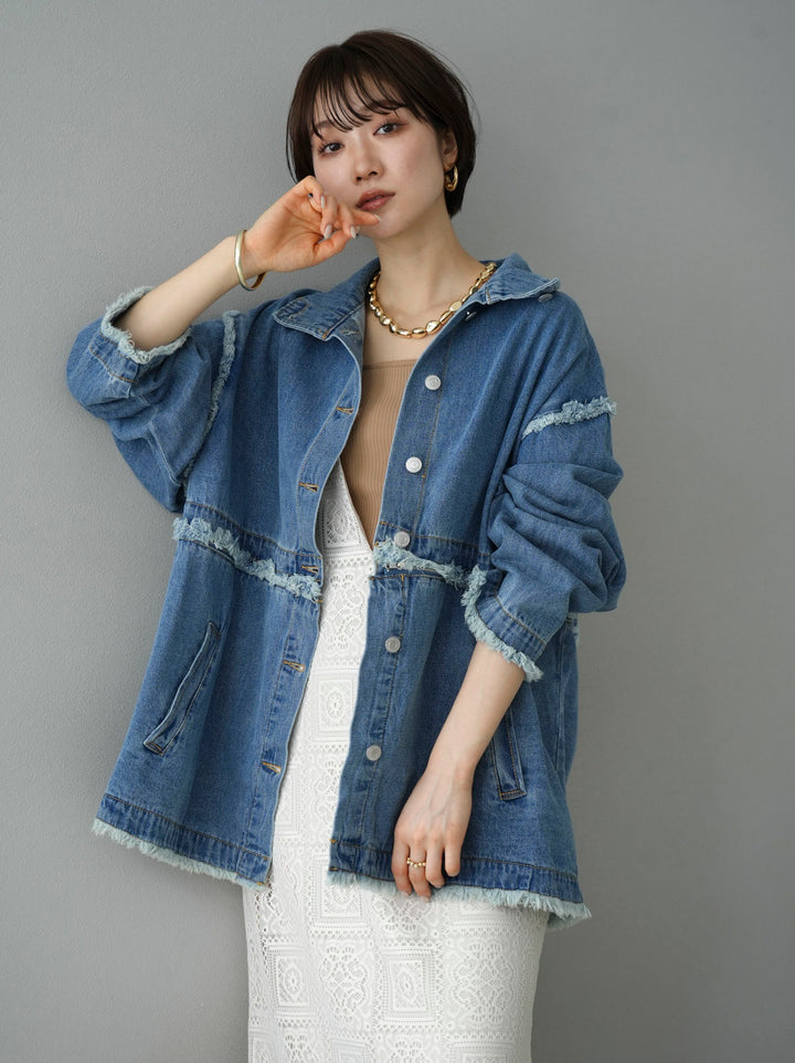 [SET] 2WAY denim stand-up collar jacket + selectable necklace set (2 sets)