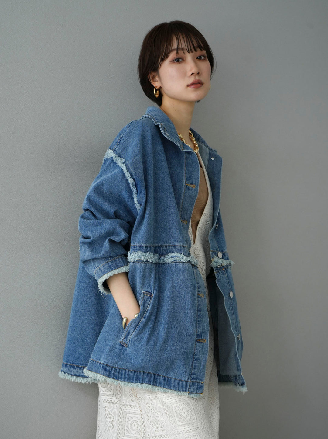 [SET] 2WAY denim stand-up collar jacket + selectable necklace set (2 sets)