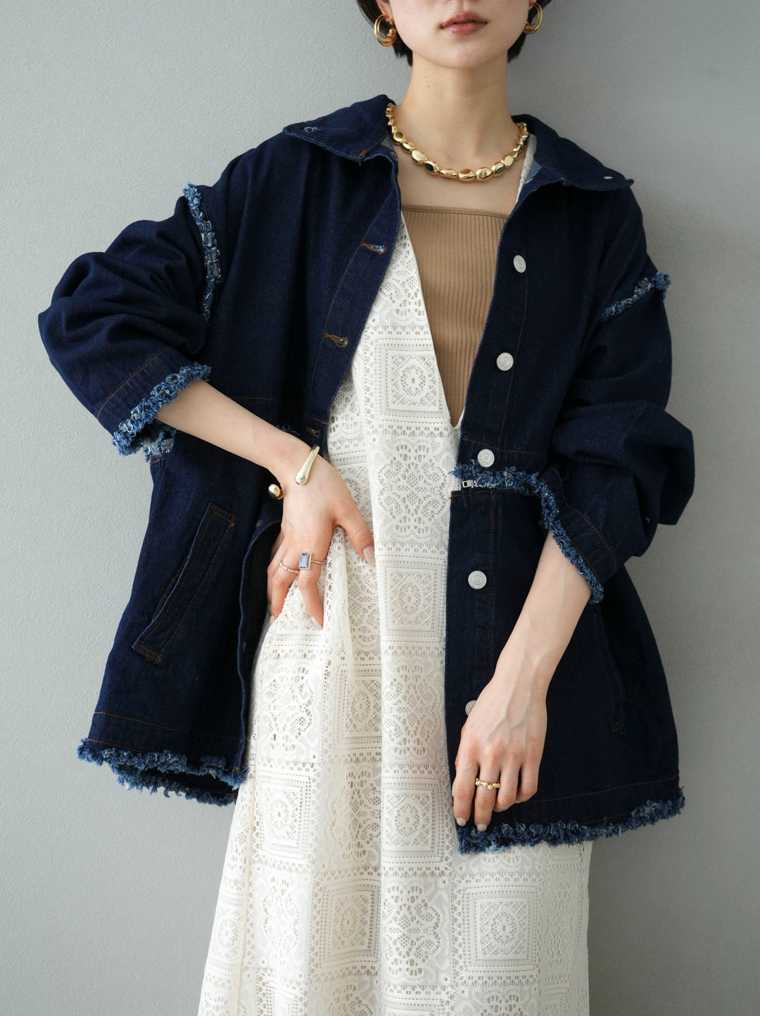 [SET] 2WAY denim stand-up collar jacket + selectable necklace set (2 sets)